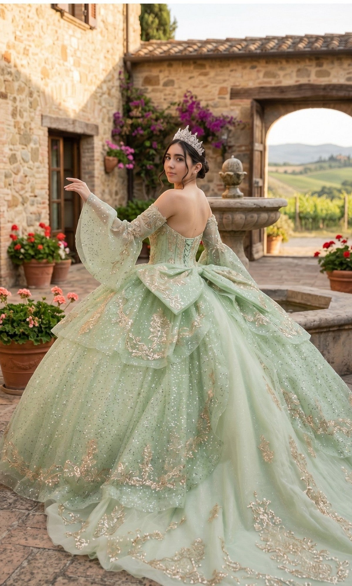 A woman wearing the Quinceanera Dress 8575JQ by Cinderella Coutureโa sparkling green embellished ball gownโand a crown, stands outdoors near a stone building and fountain, surrounded by flowers and scenic countryside.